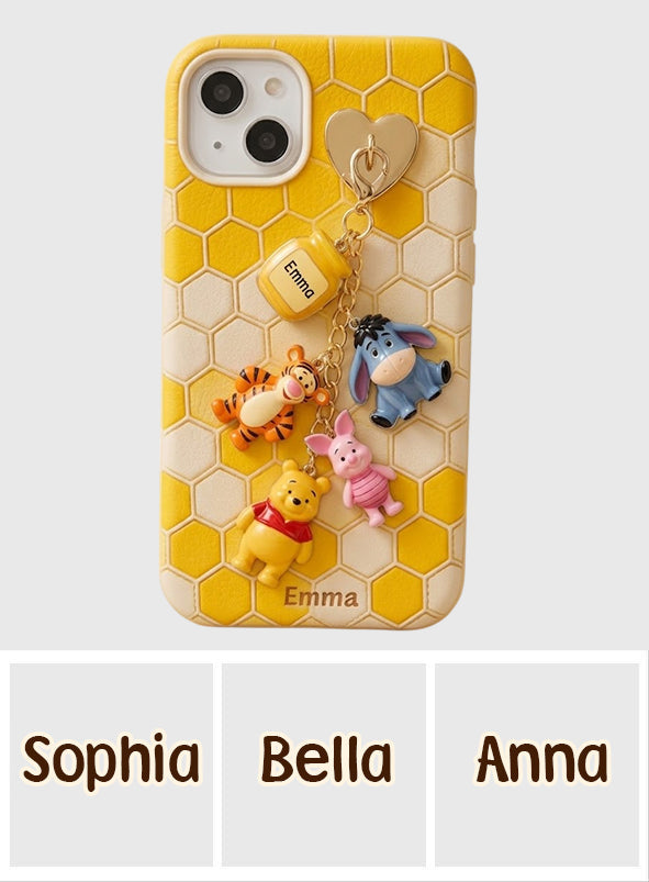 Winnie Friends Leather Case & Dangling Charm - Personalized Yellow Bear 3D Embossed Leather Phone Case