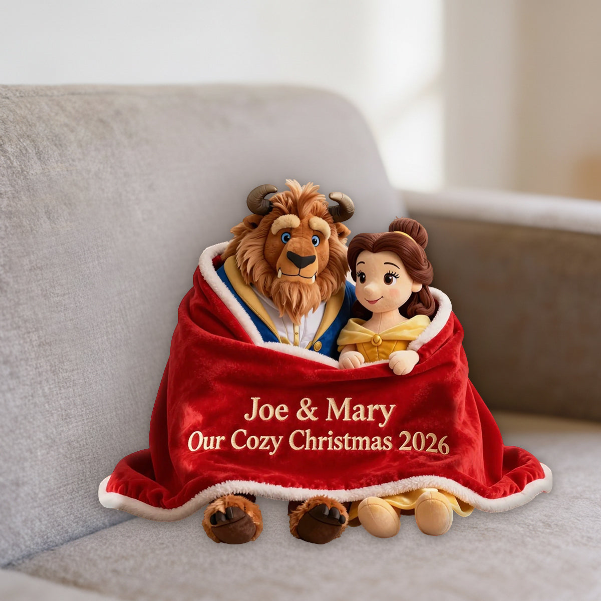 Couple Cozy Christmas - Personalized Beauty And The Beast Premium Faux Fur Pillow