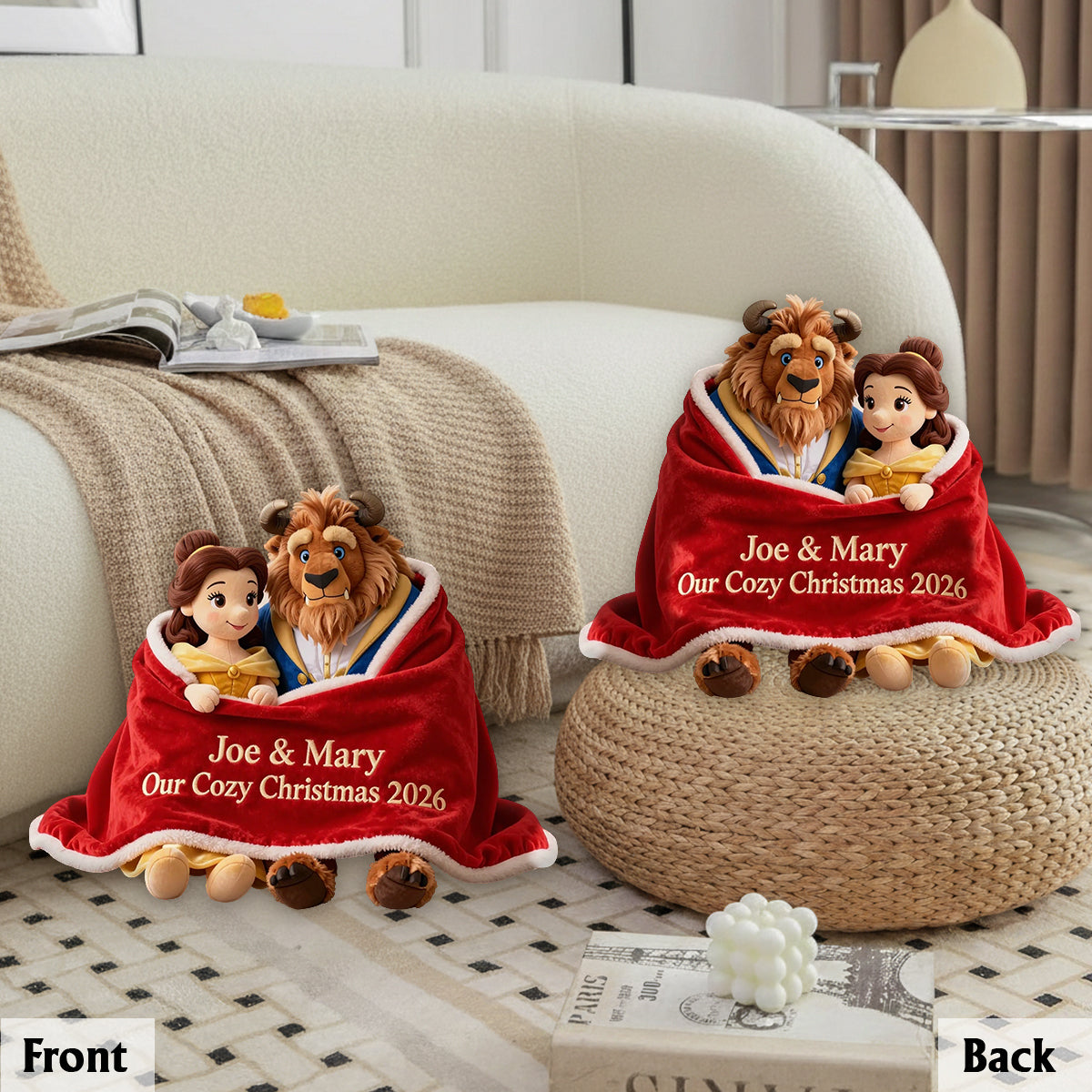 Couple Cozy Christmas - Personalized Beauty And The Beast Premium Faux Fur Pillow