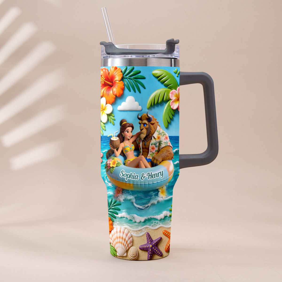 Summer Vibes - Personalized Beauty And The Beast Tumbler With Plush Charm