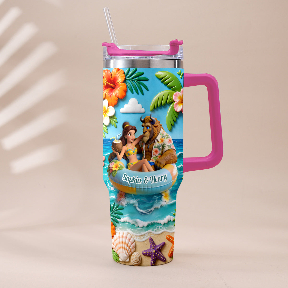 Summer Vibes - Personalized Beauty And The Beast Tumbler With Plush Charm
