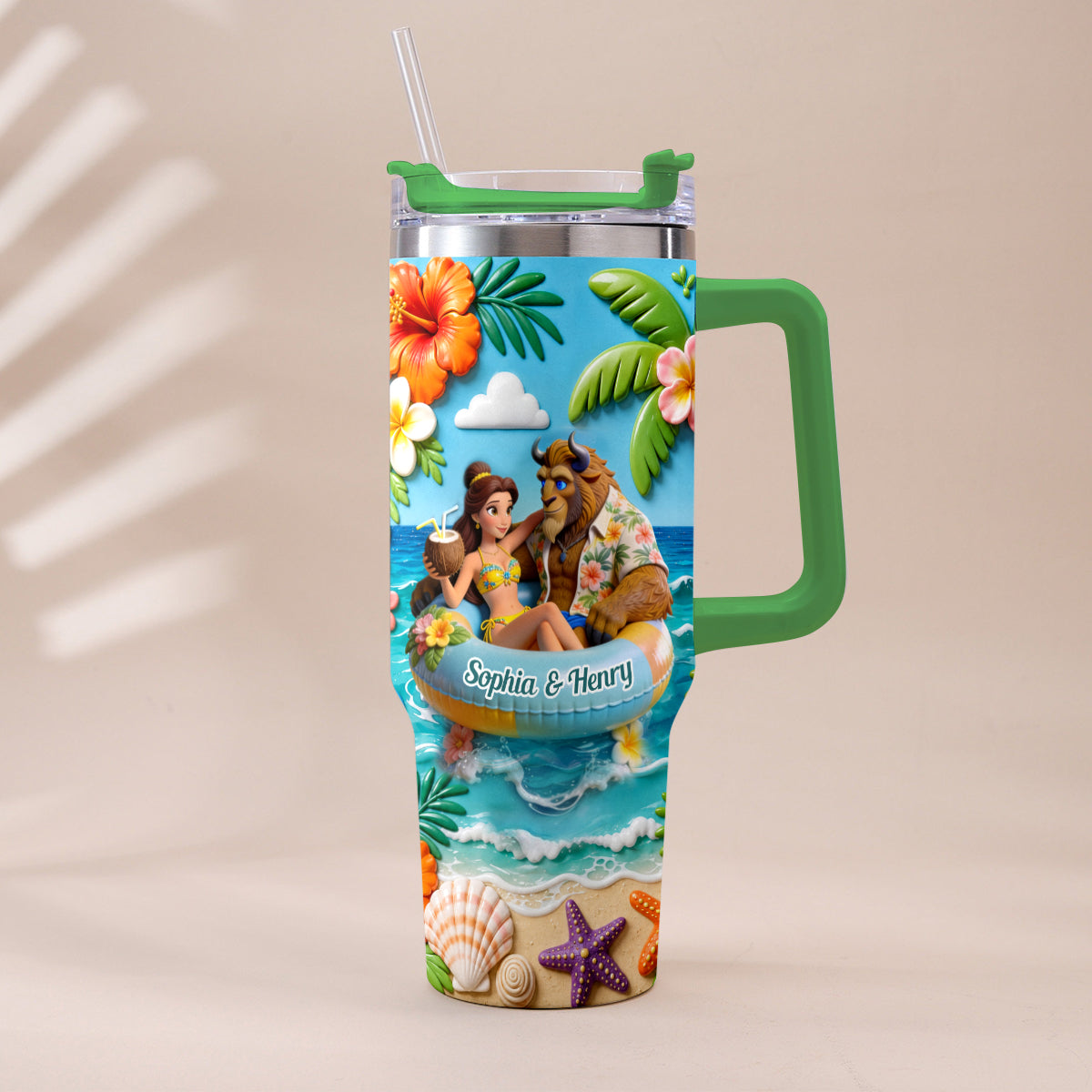 Summer Vibes - Personalized Beauty And The Beast Tumbler With Plush Charm