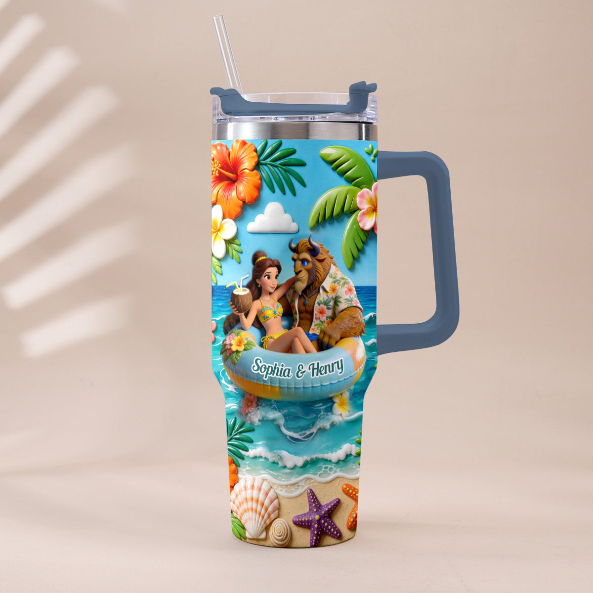 Summer Vibes - Personalized Beauty And The Beast Tumbler With Plush Charm