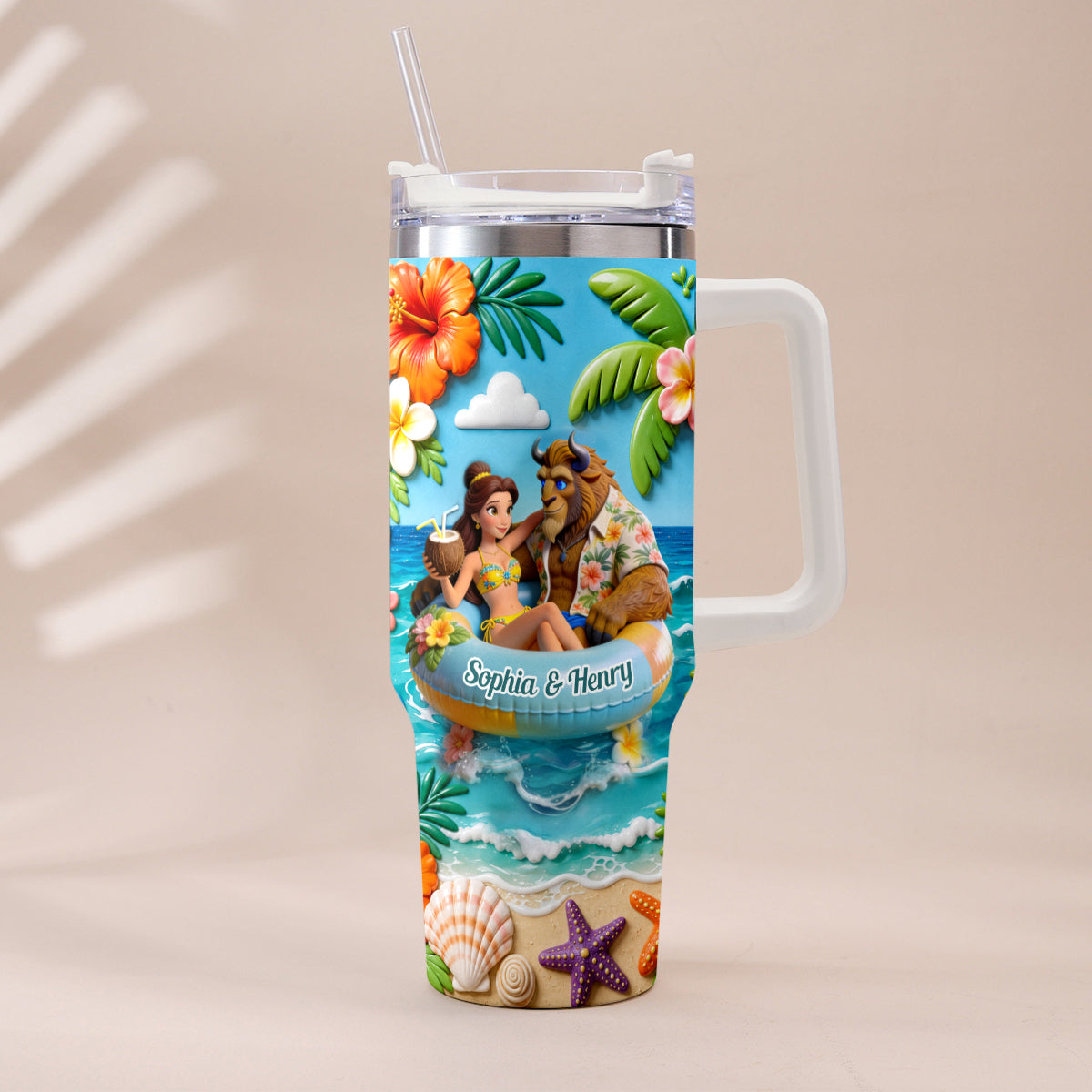 Summer Vibes - Personalized Beauty And The Beast Tumbler With Plush Charm