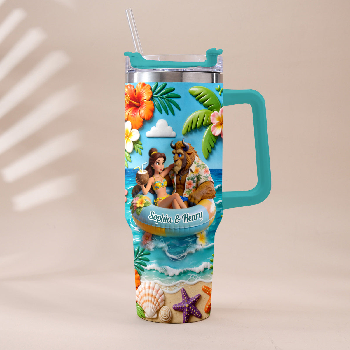 Summer Vibes - Personalized Beauty And The Beast Tumbler With Plush Charm