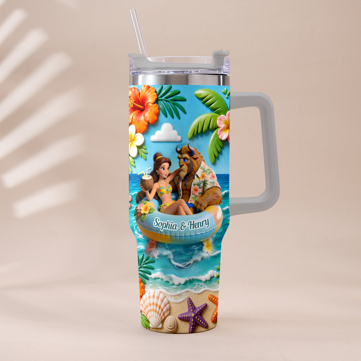 Summer Vibes - Personalized Beauty And The Beast Tumbler With Plush Charm