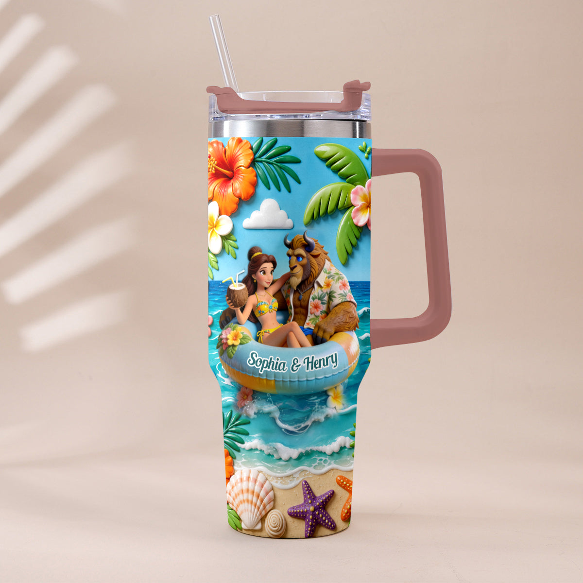 Summer Vibes - Personalized Beauty And The Beast Tumbler With Plush Charm