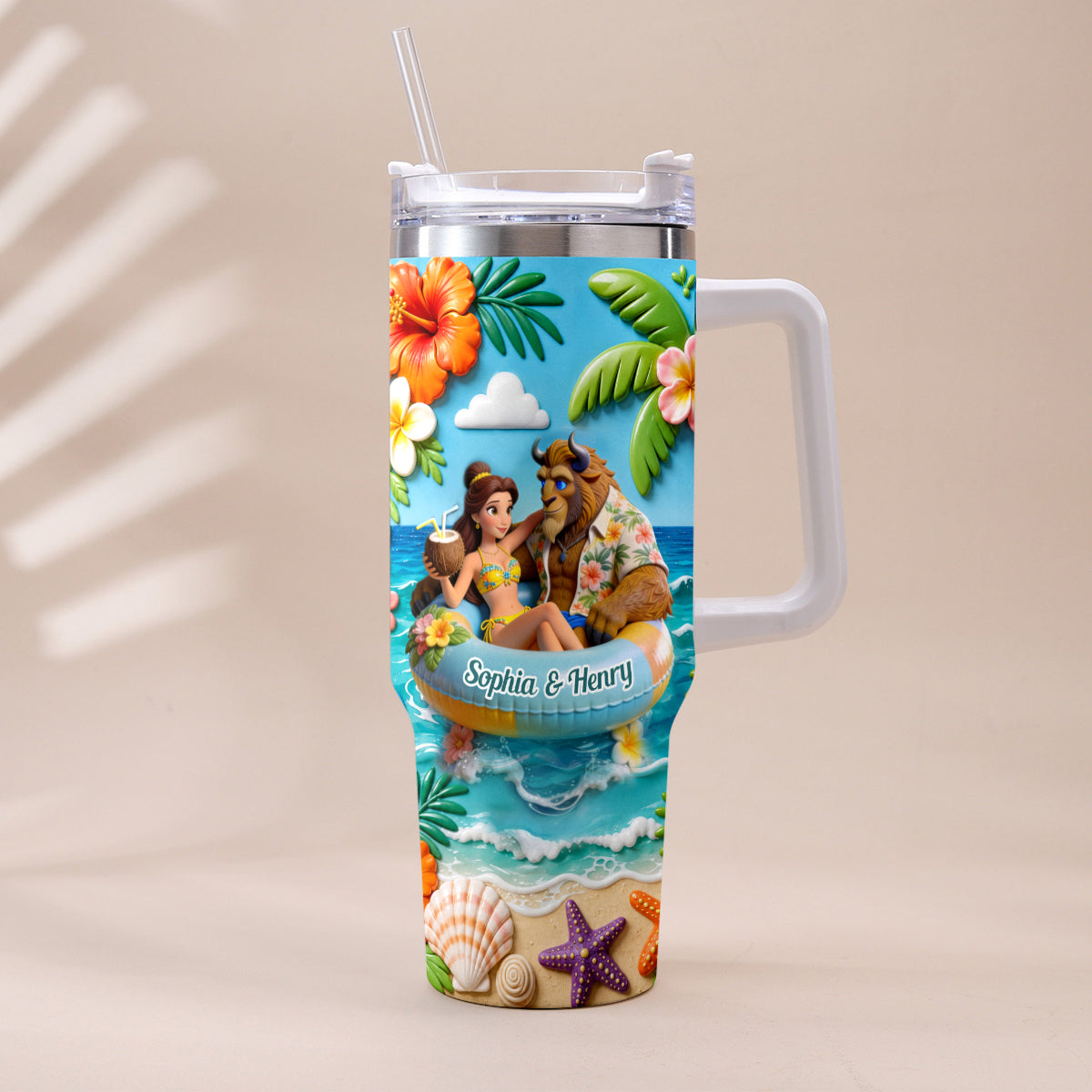 Summer Vibes - Personalized Beauty And The Beast Tumbler With Plush Charm