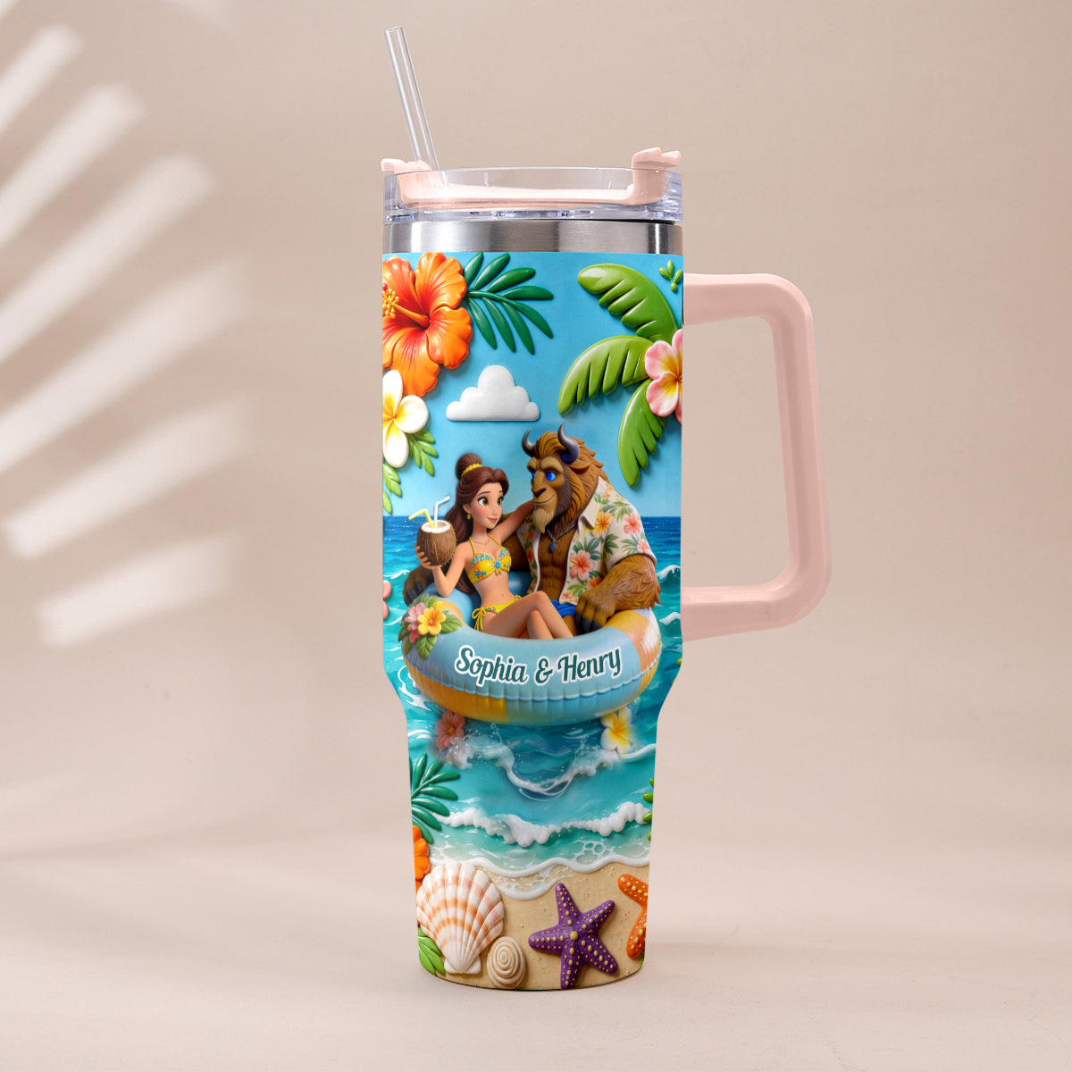 Summer Vibes - Personalized Beauty And The Beast Tumbler With Plush Charm