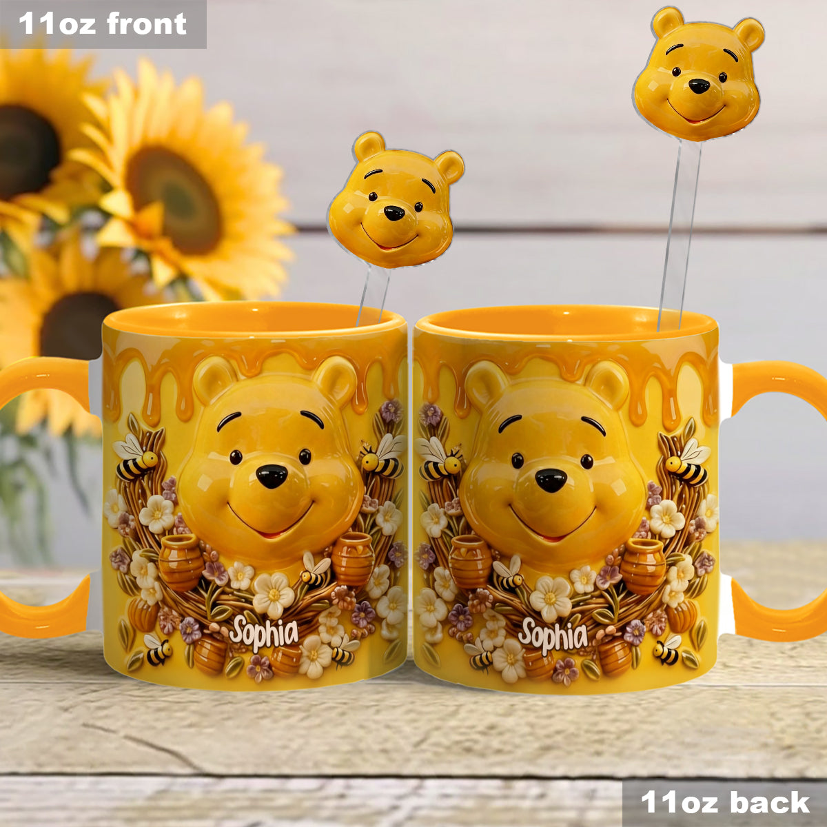 Love Honey Bear - Personalized Yellow Bear Set Accent Mug with Acrylic Stirrers