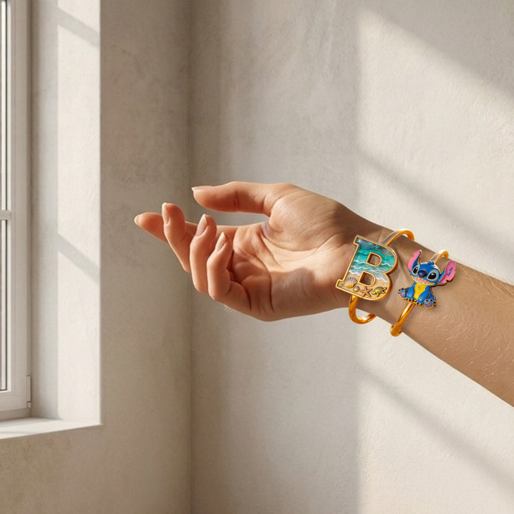 Ohana Alphabet Cutsom Name - Personalized Ohana Shaped Cuff Bracelet