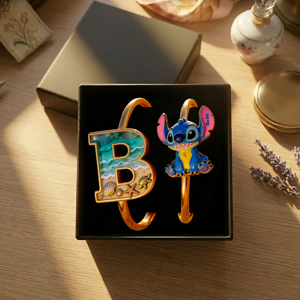Ohana Alphabet Cutsom Name - Personalized Ohana Shaped Cuff Bracelet