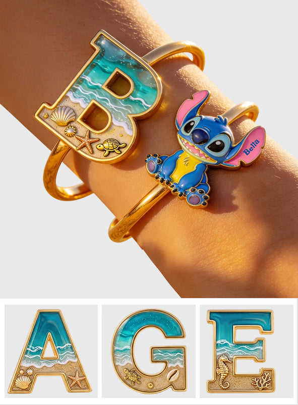 Ohana Alphabet Cutsom Name - Personalized Ohana Shaped Cuff Bracelet