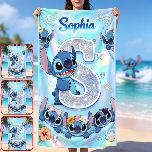 Cute Blue Alien With Letter - Personalized Ohana Quick-dry Beach Towel/ Bath Towel
