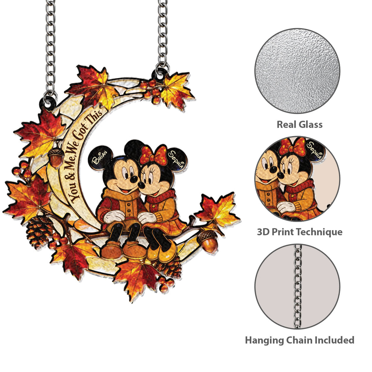 Autumn Cartoon Mouse Couple - Personalized Mouse 3D Printed Glass Suncatcher