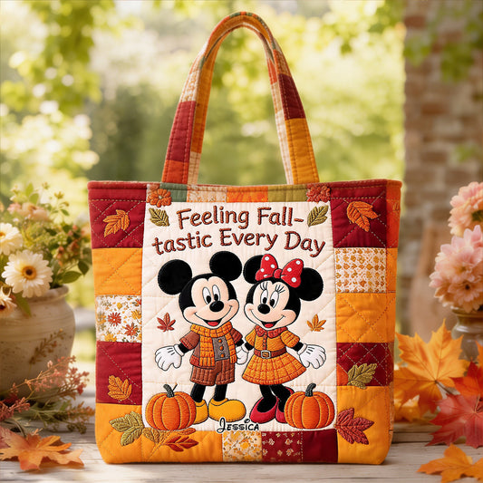 Cartoon Mouse Couple Autumn Vibes - Personalized Mouse Quilted Tote Bag