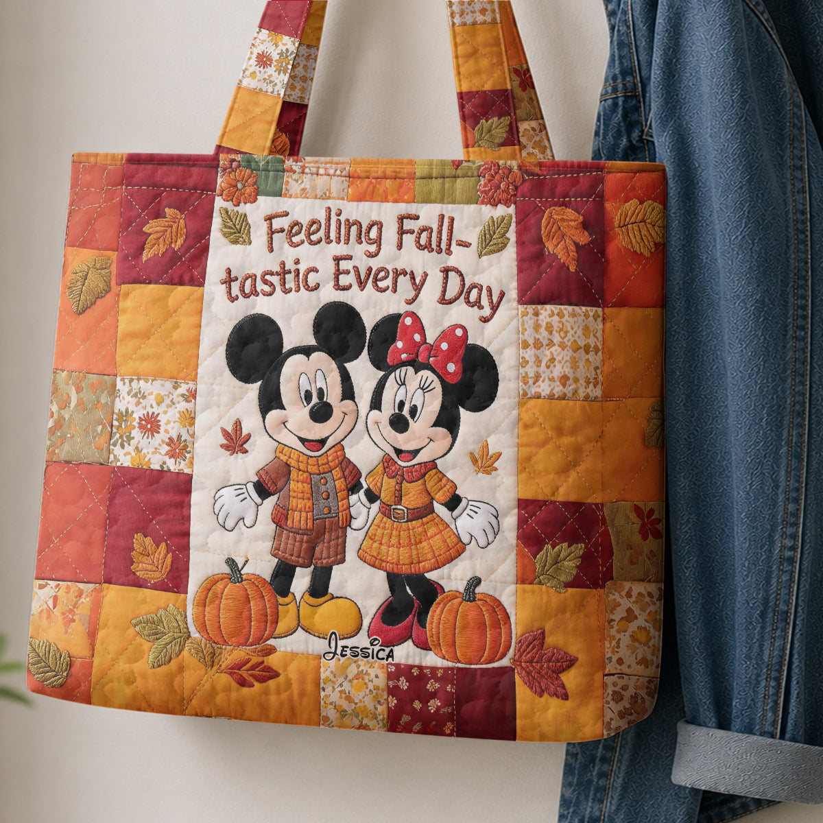 Cartoon Mouse Couple Autumn Vibes - Personalized Mouse Quilted Tote Bag