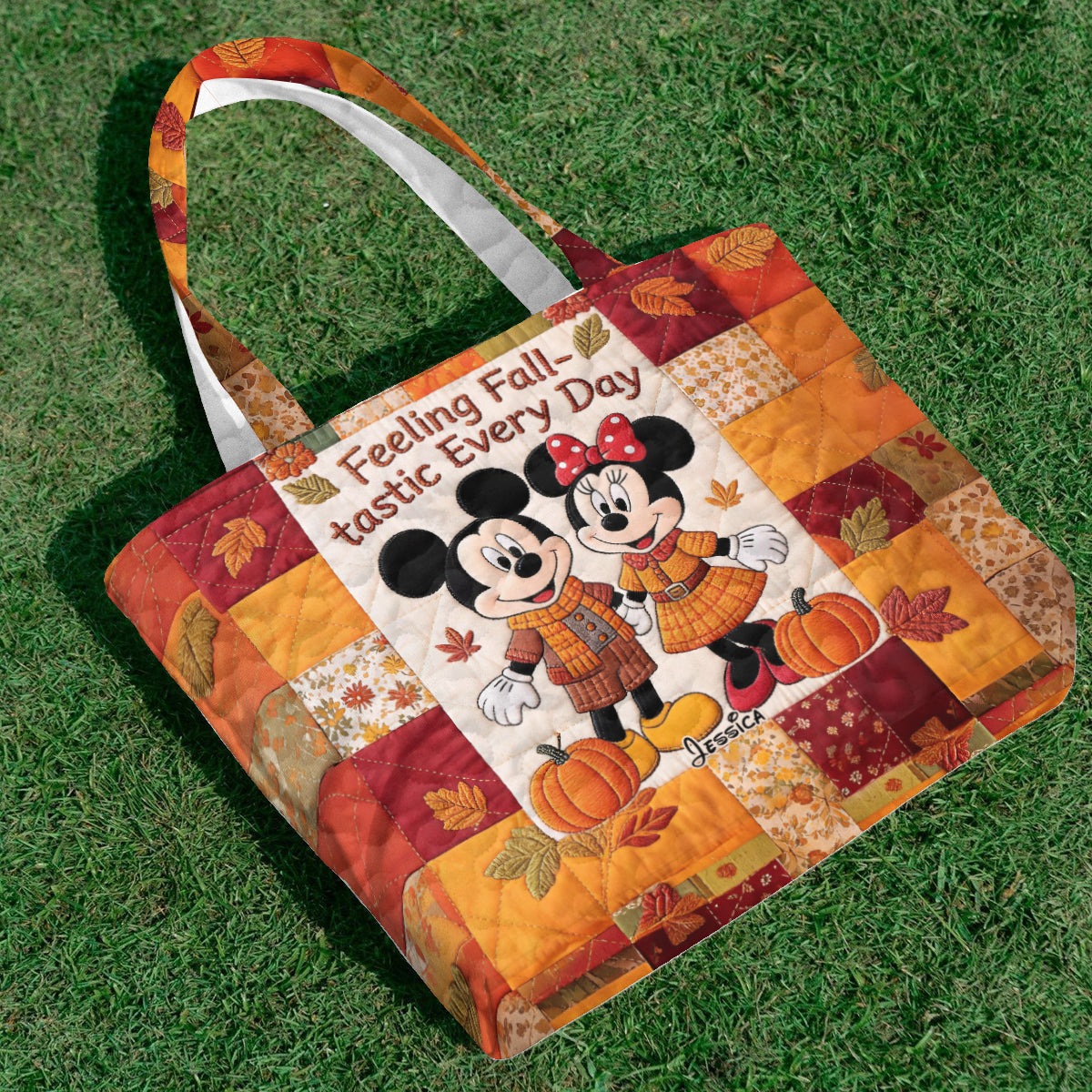 Cartoon Mouse Couple Autumn Vibes - Personalized Mouse Quilted Tote Bag