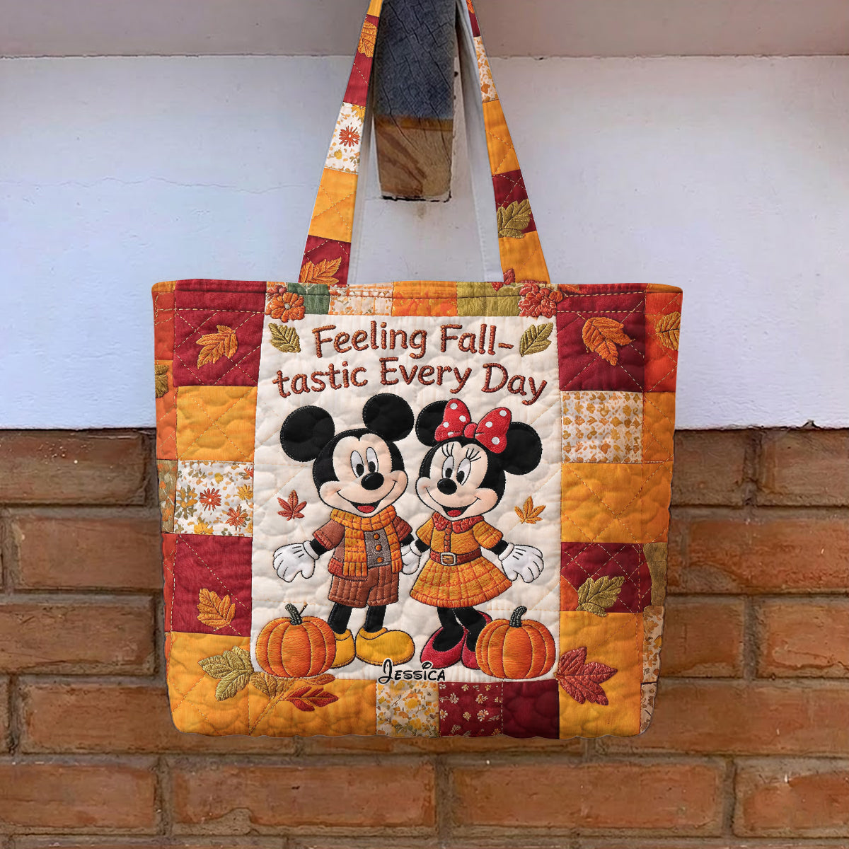 Cartoon Mouse Couple Autumn Vibes - Personalized Mouse Quilted Tote Bag