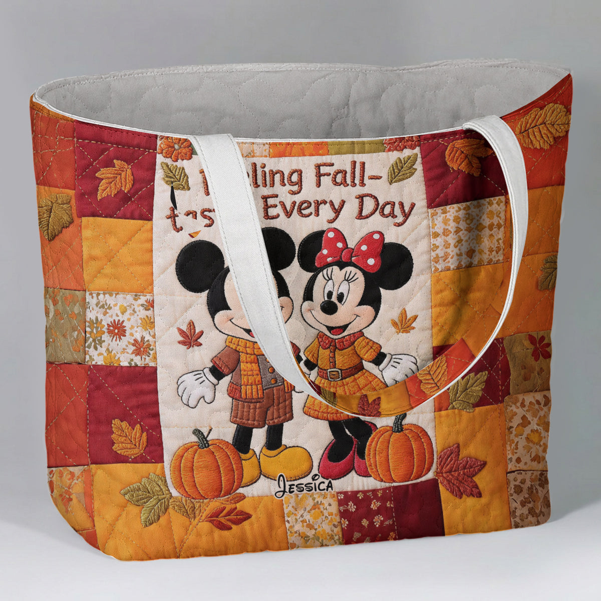Cartoon Mouse Couple Autumn Vibes - Personalized Mouse Quilted Tote Bag