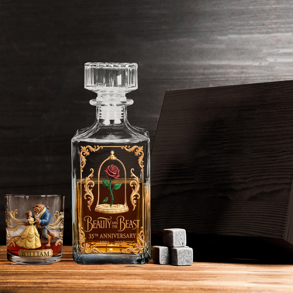 Princess And Her Beast 35th Anniversary - Personalized Beauty And The Beast Whiskey Decanter Set