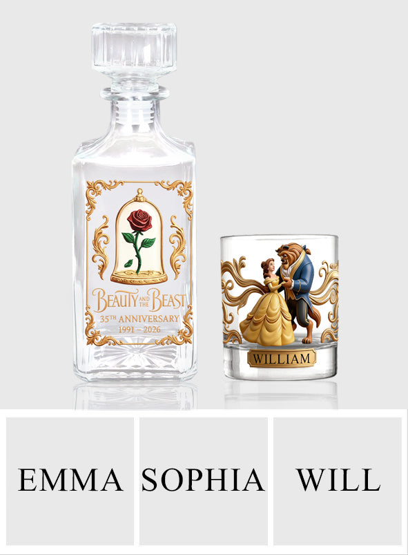 Princess And Her Beast 35th Anniversary - Personalized Beauty And The Beast Whiskey Decanter Set