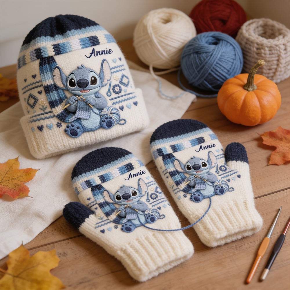 SHH I'm Crocheting - Personalized Ohana Beanie Hat & Knitted Mittens