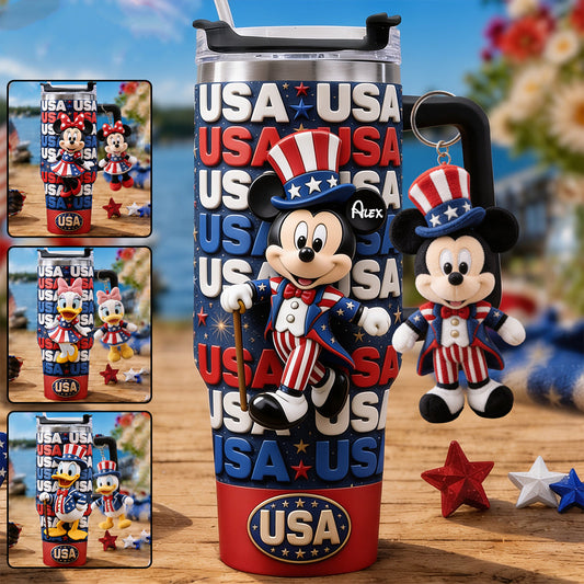 Cartoon Mouse USA Pride, 4th of July - Personalized Mouse Tumbler With Plush Charm