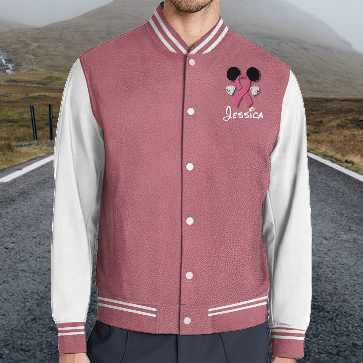 No One Fights Alone Mouse Ears Pink Ribbon - Personalized Breast Cancer Awareness Varsity Jacket
