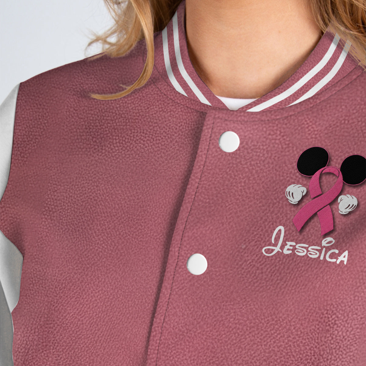 No One Fights Alone Mouse Ears Pink Ribbon - Personalized Breast Cancer Awareness Varsity Jacket