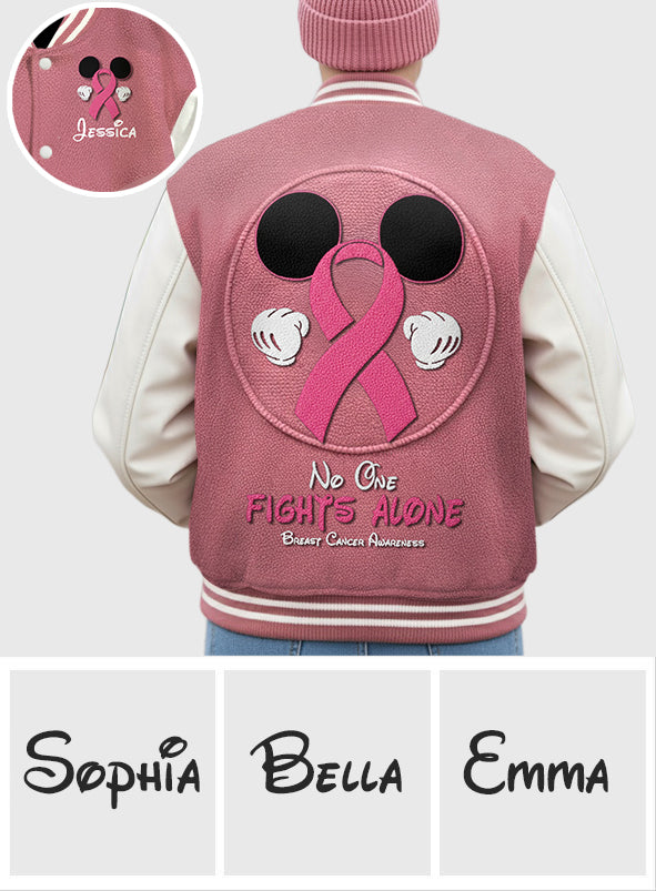 No One Fights Alone Mouse Ears Pink Ribbon - Personalized Breast Cancer Awareness Varsity Jacket