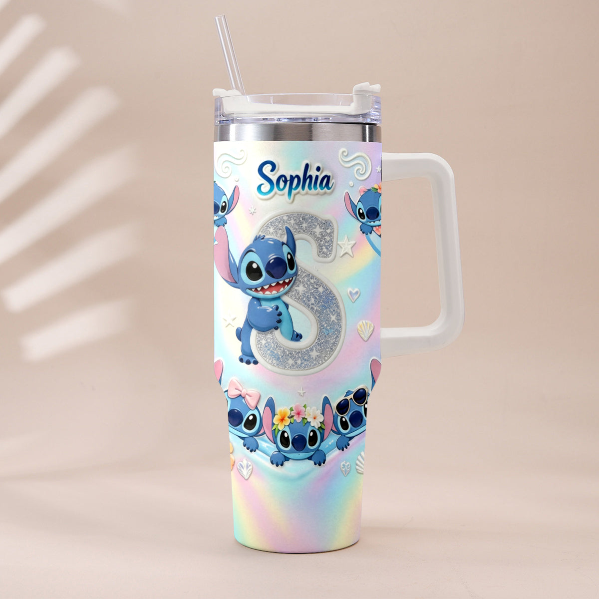 Cute Blue Alien With Letter - Personalized Ohana Tumbler With Plush Charm