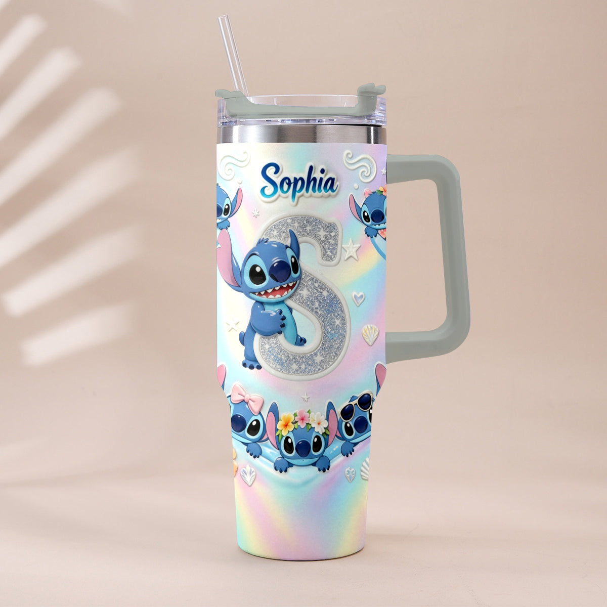 Cute Blue Alien With Letter - Personalized Ohana Tumbler With Plush Charm
