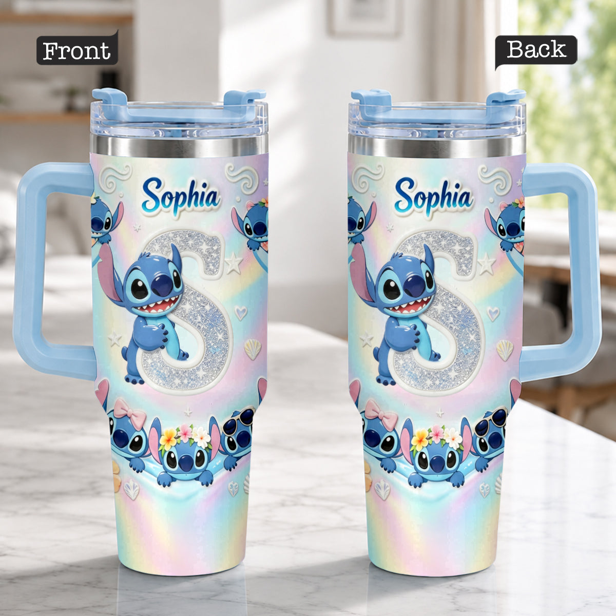 Cute Blue Alien With Letter - Personalized Ohana Tumbler With Plush Charm