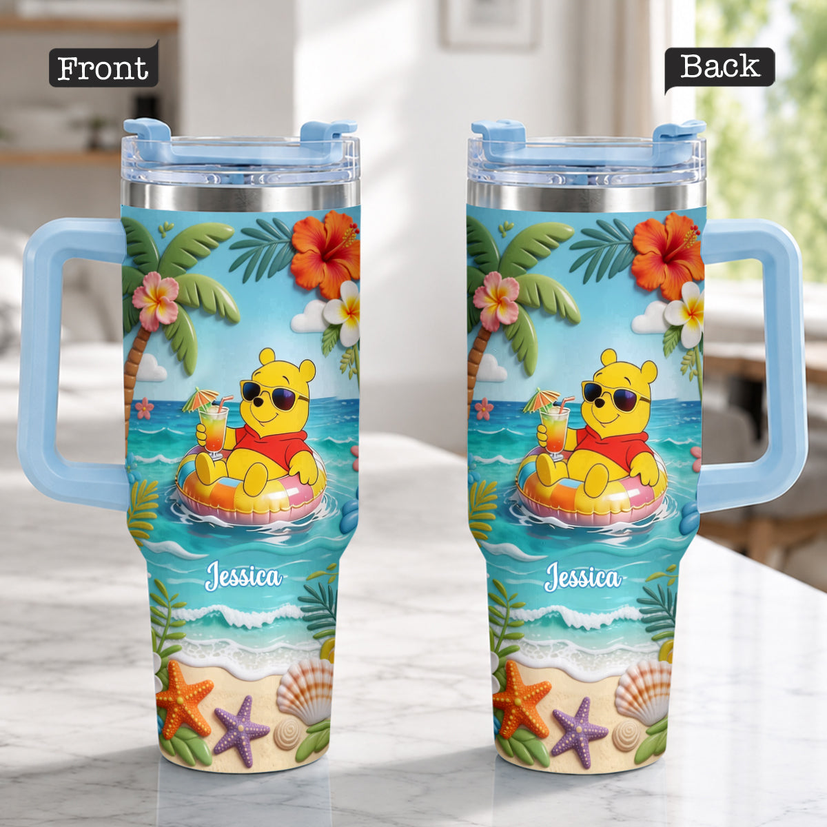 Yellow Bear Summer Vibes - Personalized Yellow Bear Tumbler With Plush Charm