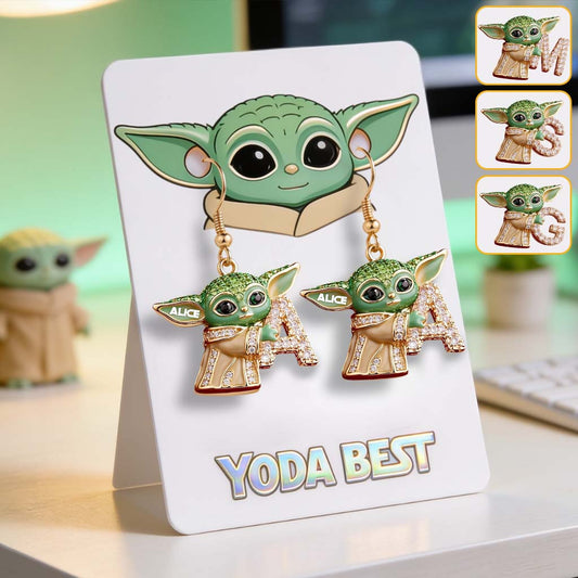 Green Alien Initial Letter - Personalized The Force Earrings With Card