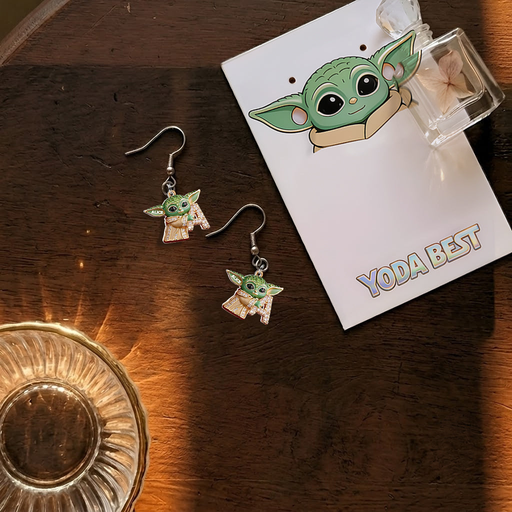 Green Alien Initial Letter - Personalized The Force Earrings With Card