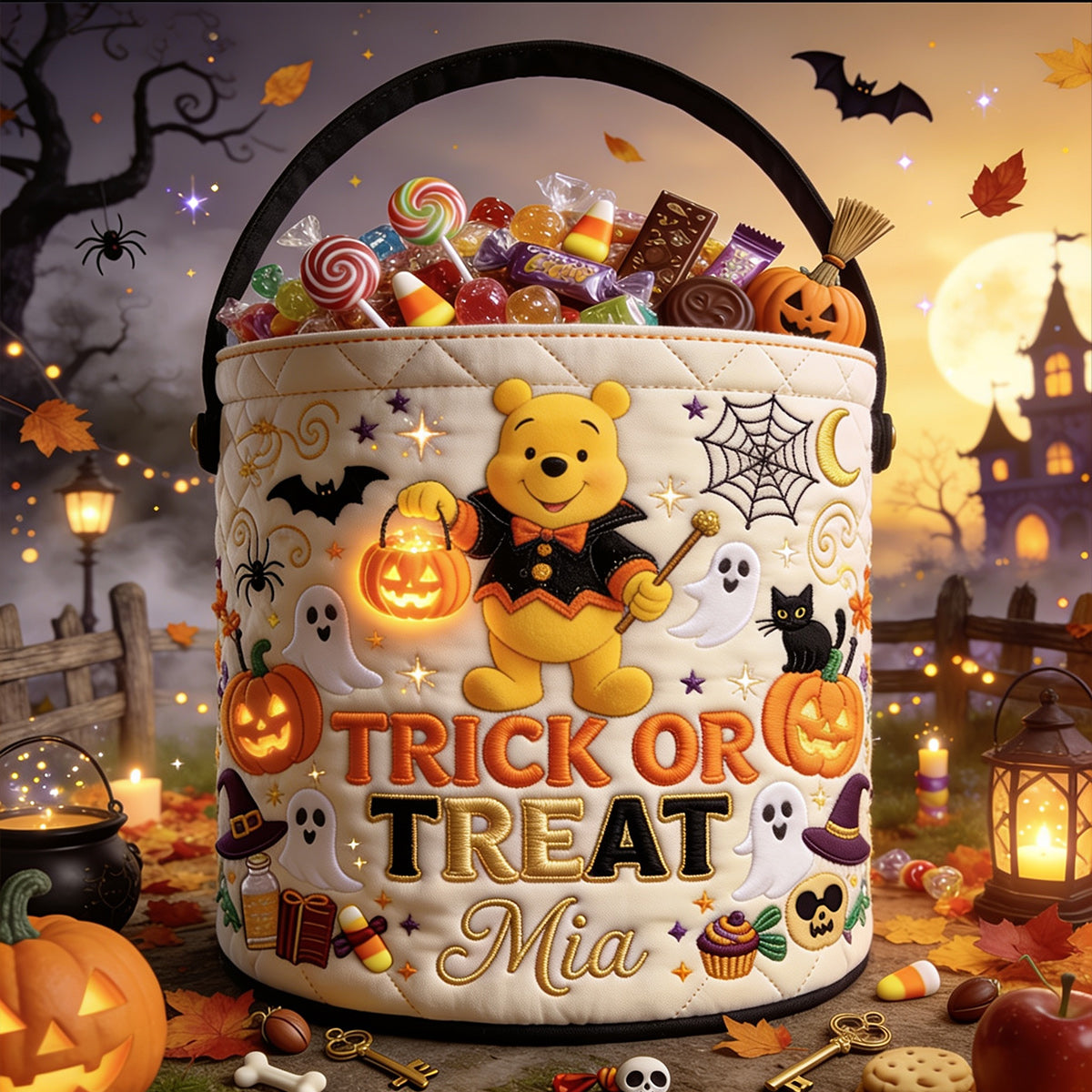 Trick Or Treat - Personalized Yellow Bear Canvas Bucket Bag