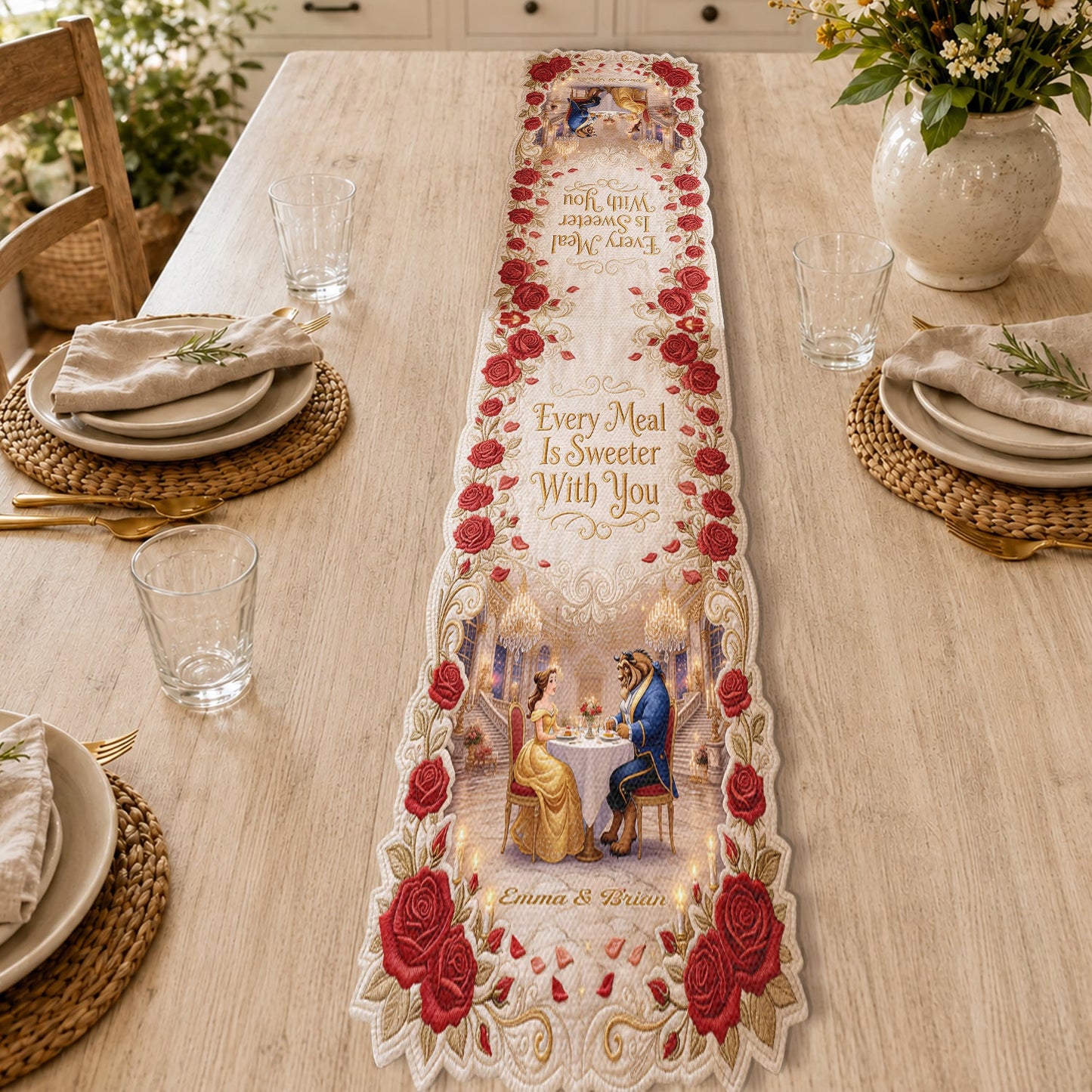 Every Meal Is Sweeter With You - Personalized Beauty And The Beast Table Runner Custom Shape