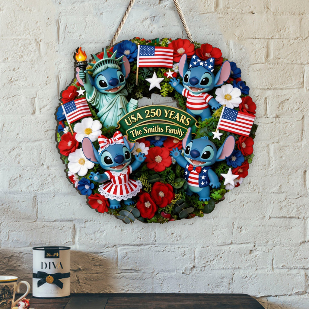 Cartoon Monster, 250th Anniversary - Personalized Ohana Shaped Wood Sign With Sash