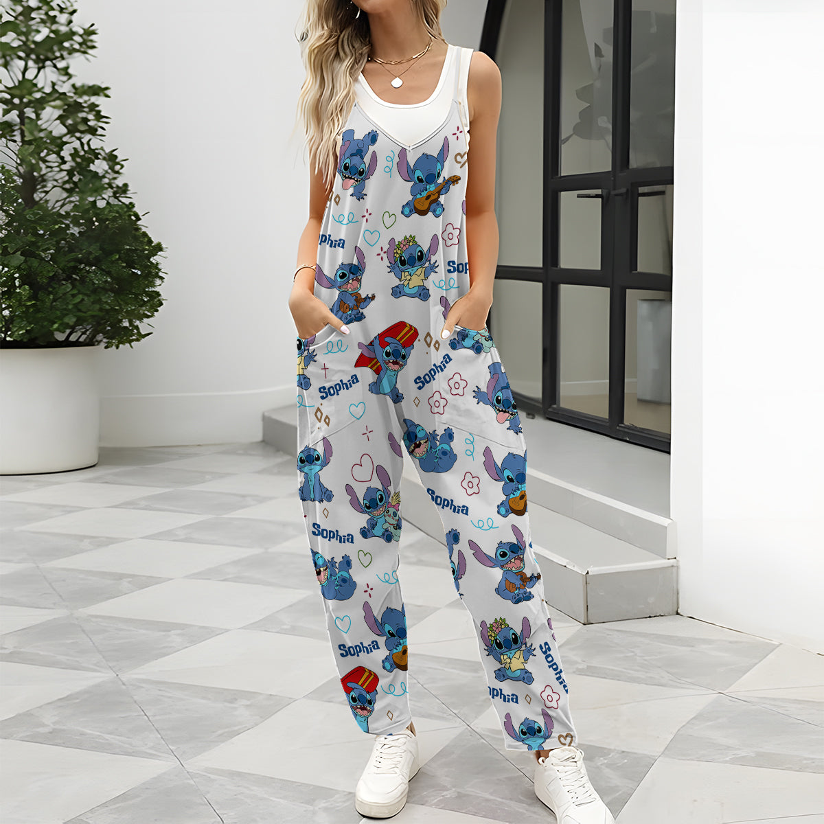Ohana Alien - Sleeveless Drawstring Jumpsuit With Pockets - Personalized Ohana Loose-Fit Overalls/ Rompers