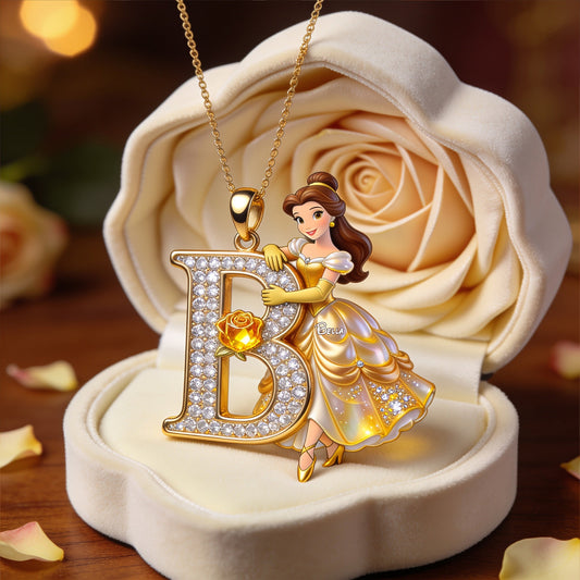 Belle's Enchanted Initial - Personalized Beauty And The Beast Shaped Metal Pendant Necklace
