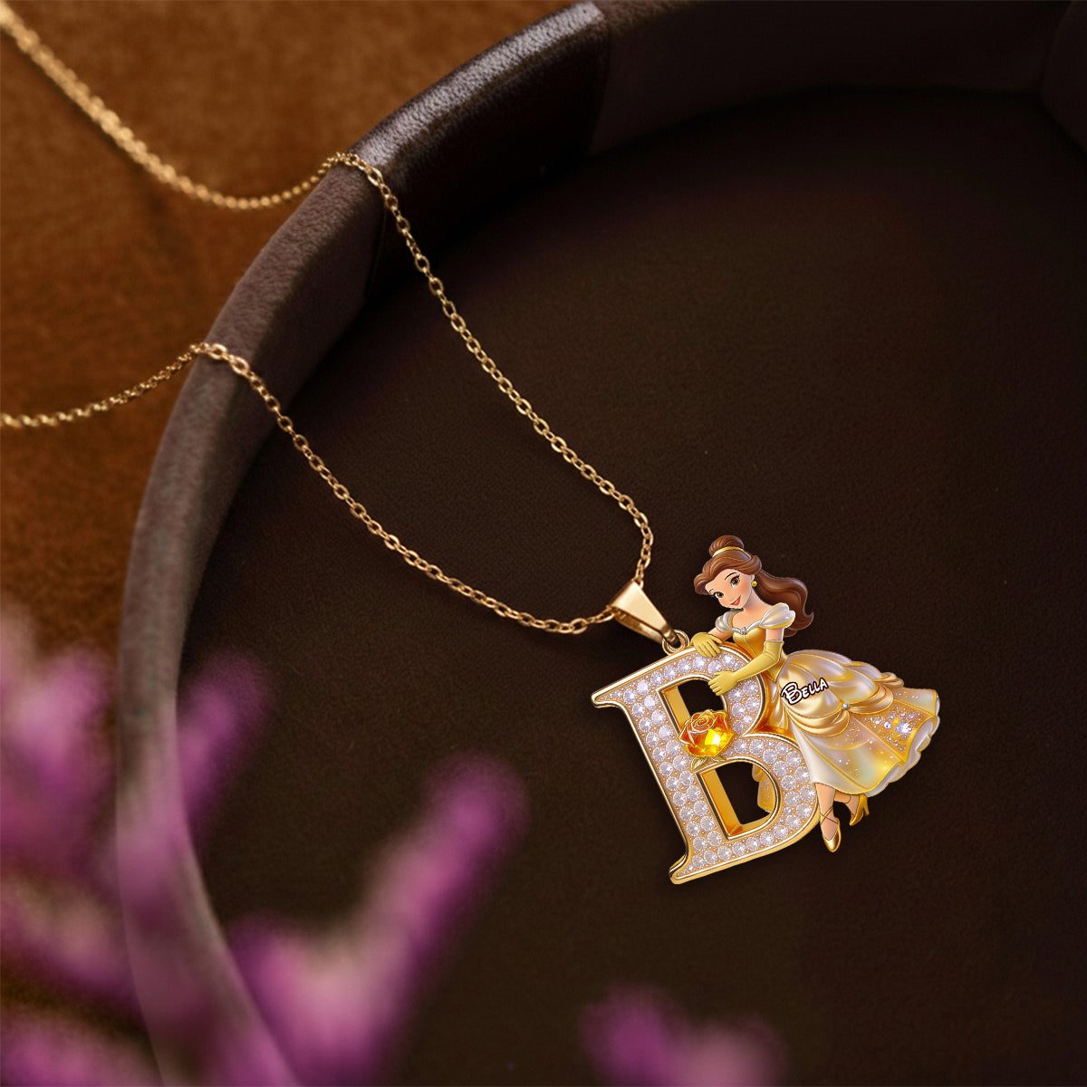 Belle's Enchanted Initial - Personalized Beauty And The Beast Shaped Metal Pendant Necklace