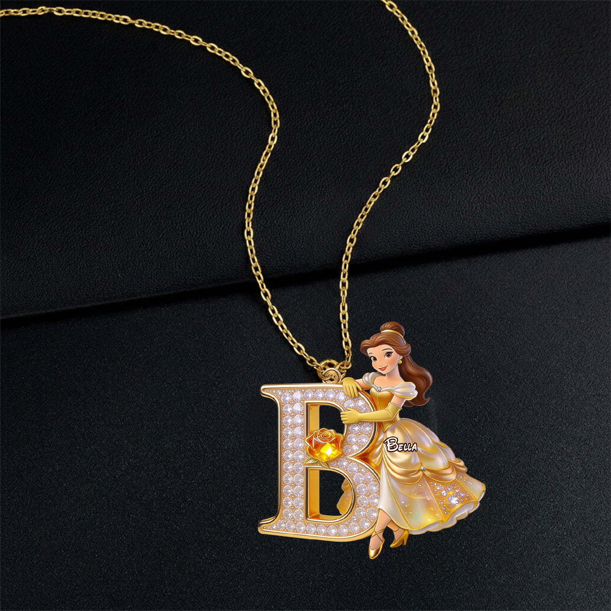 Belle's Enchanted Initial - Personalized Beauty And The Beast Shaped Metal Pendant Necklace