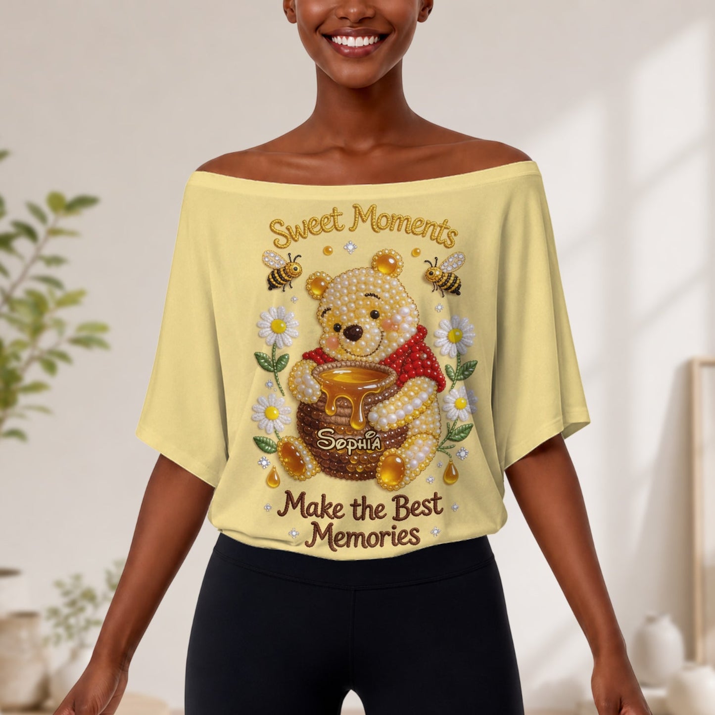 Sweet Bear - Personalized Yellow Bear Off-Shoulder Top Set