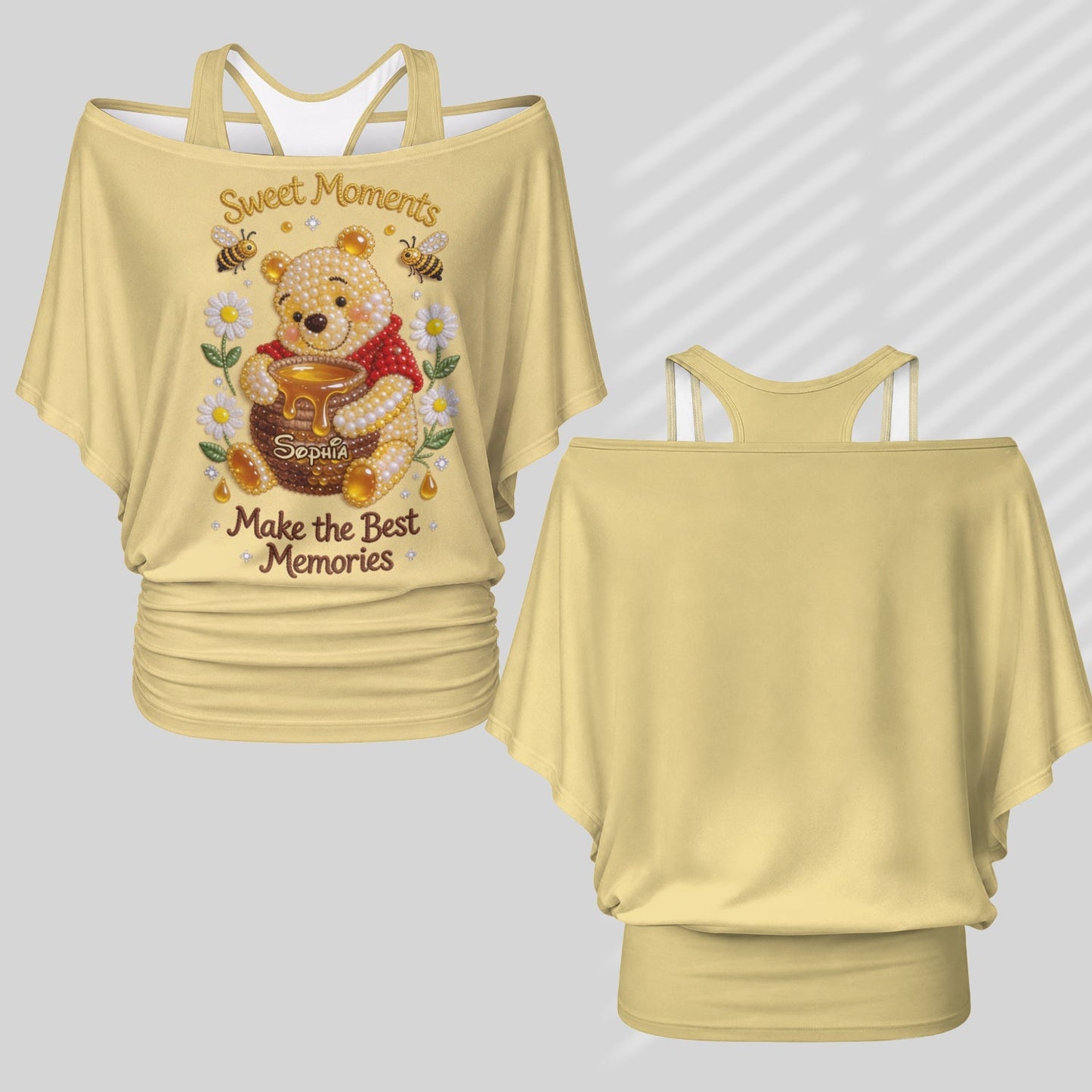 Sweet Bear - Personalized Yellow Bear Off-Shoulder Top Set