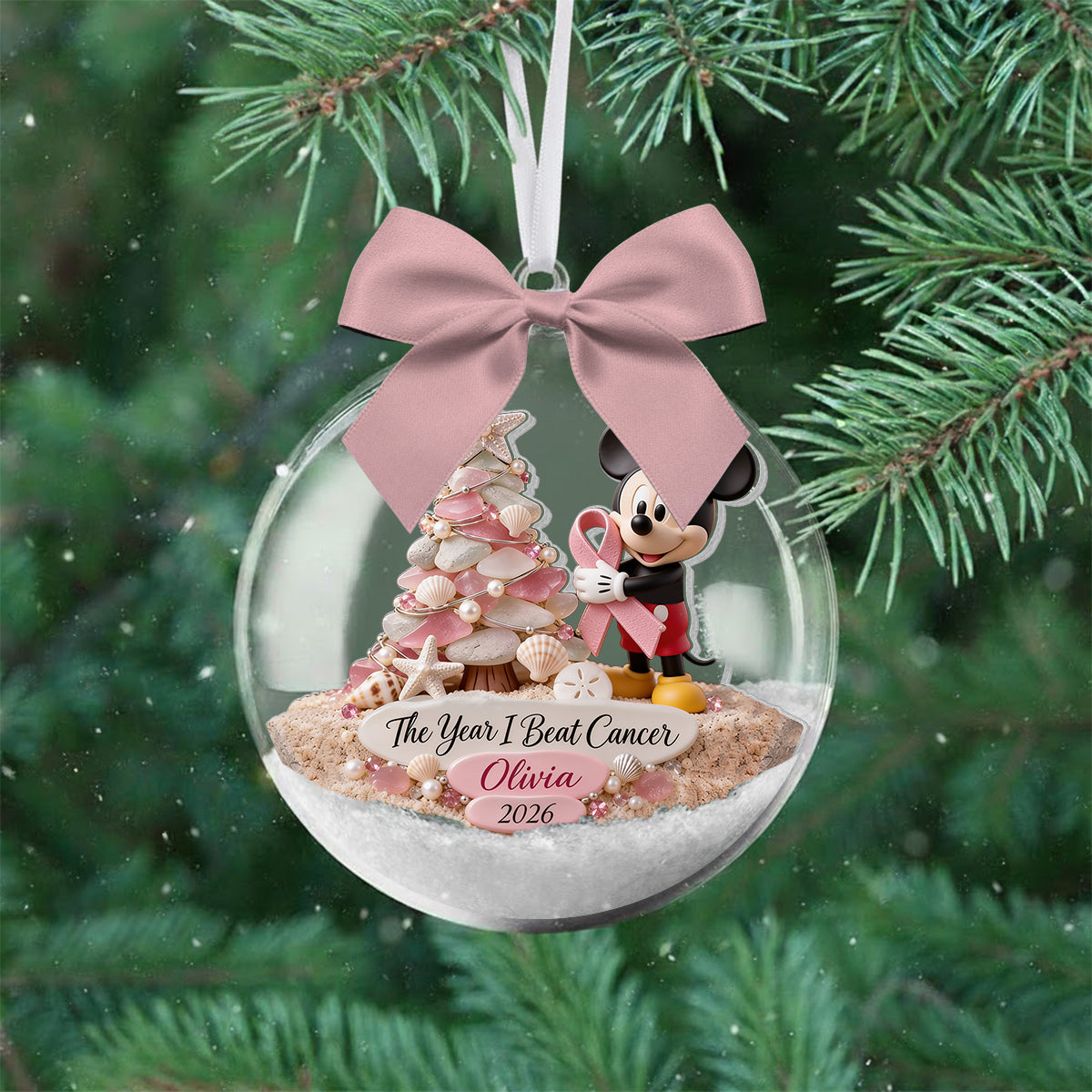 The Year I Beat Cancer - Personalized Breast Cancer Awareness Snow Globe Ornament With Bow