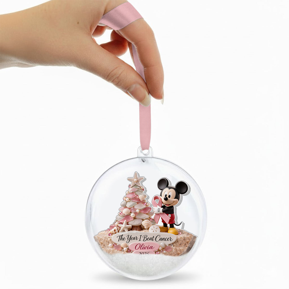 The Year I Beat Cancer - Personalized Breast Cancer Awareness Snow Globe Ornament With Bow