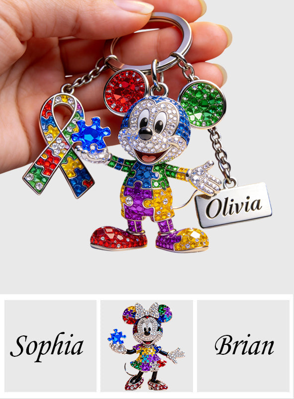 Cute Cartoon Mouse - Personalized Autism Awareness Keychain With Charms
