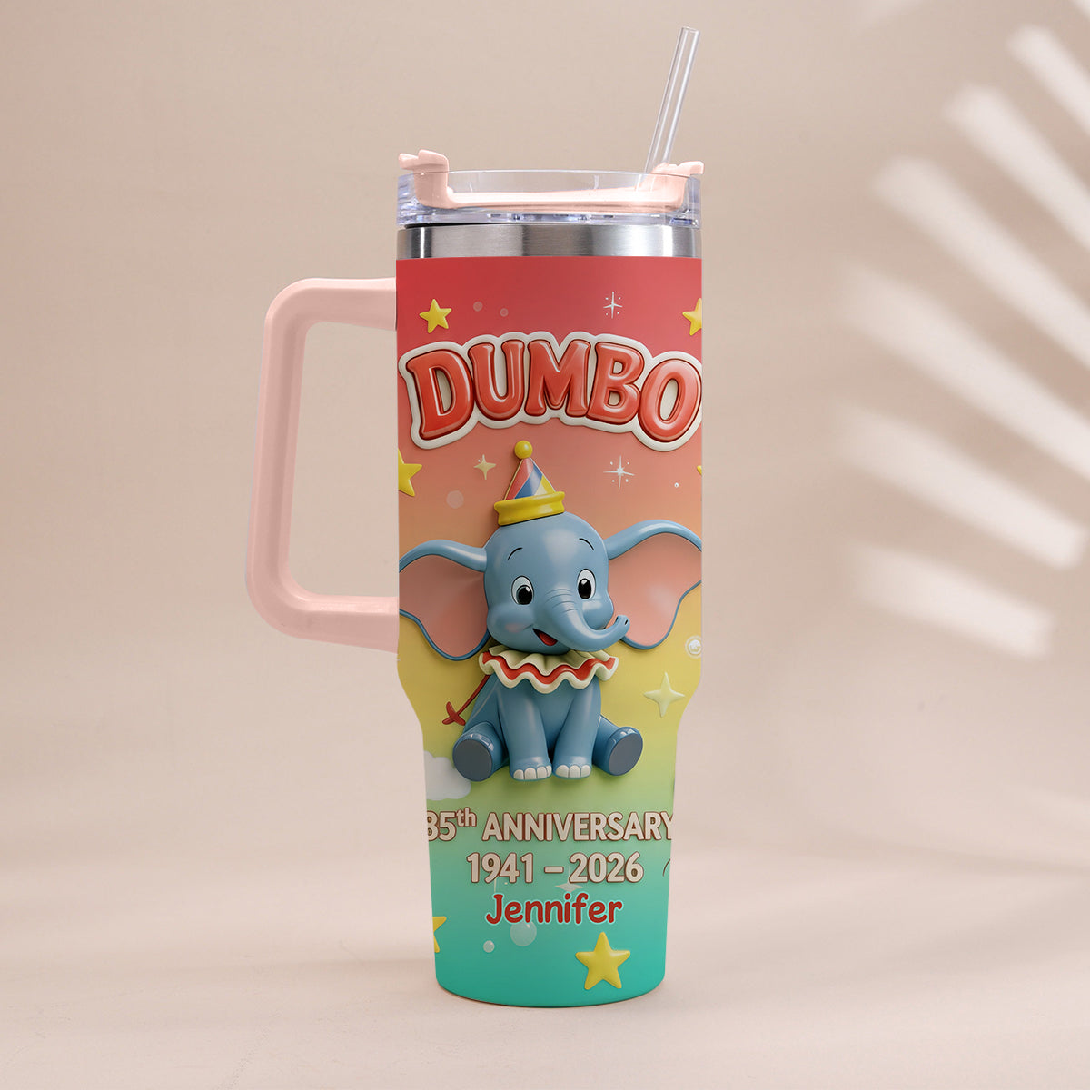 Flying Elephant 85th Anniversary - Personalized Baby Elephant Tumbler With Handle